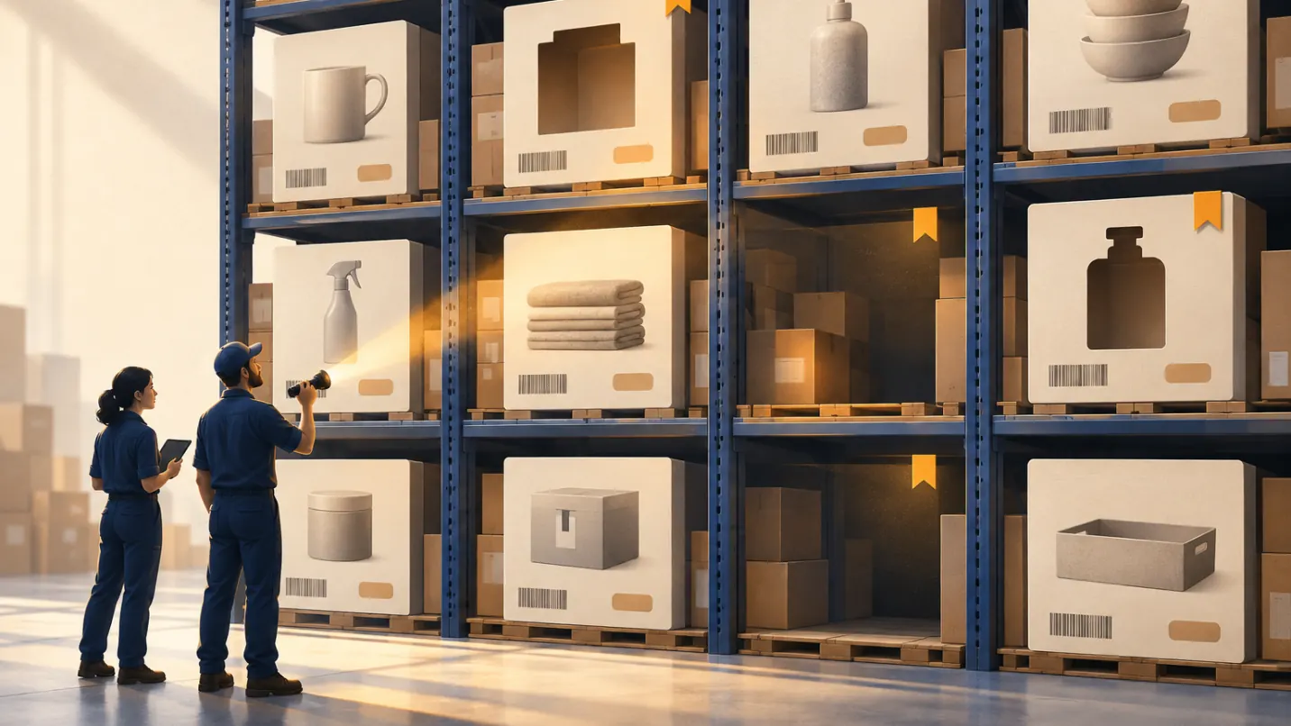 Warehouse racking. Some cartons show the product inside, some have an empty cut-out where that picture should be, and some slots are dark and empty. A few carry a flag, and two workers check the shelves with a torch and a tablet.