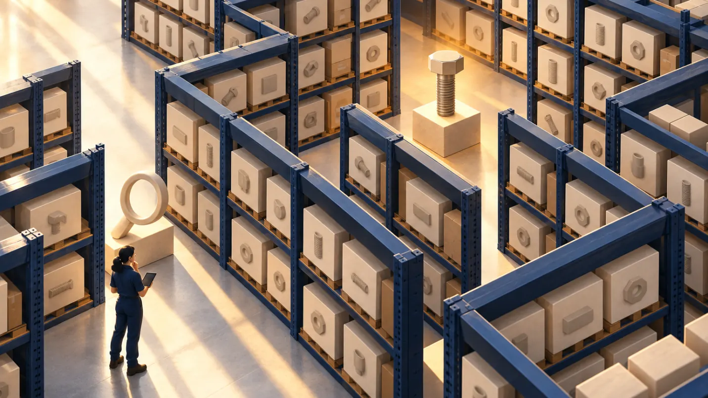 A maze of warehouse aisles stacked with near-identical boxes of fasteners. One bolt stands lit on a plinth in the distance while a buyer stands at the other end with a tablet, beside a magnifying glass nobody is using.