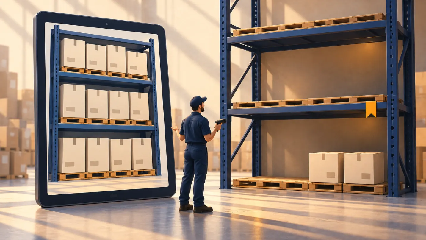 A tablet propped up shows shelves full of stock. The real racking beside it is empty apart from two cartons on the floor, and a worker with a scanner looks from one to the other.