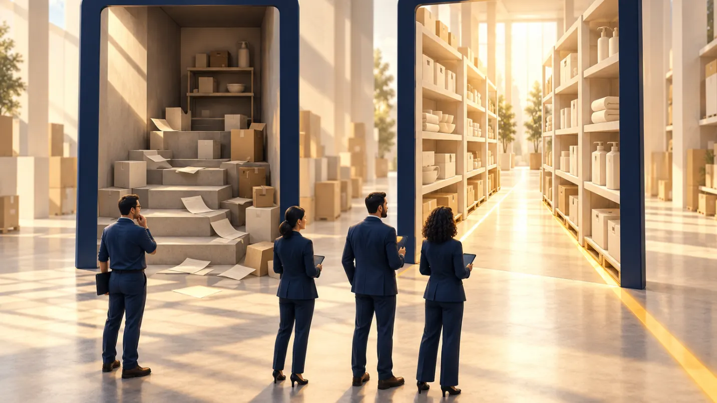 Two doorways. Behind one, boxes and loose paperwork piled on steps; behind the other, a bright ordered aisle of stocked shelves. Four buyers stand between them, looking at the second.
