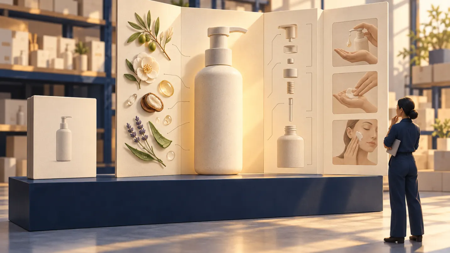 Two displays side by side: a plain carton showing only the bottle, and beside it the same product opened out into ingredients, an exploded view of the parts and pictures of it being used. A buyer studies the second one.