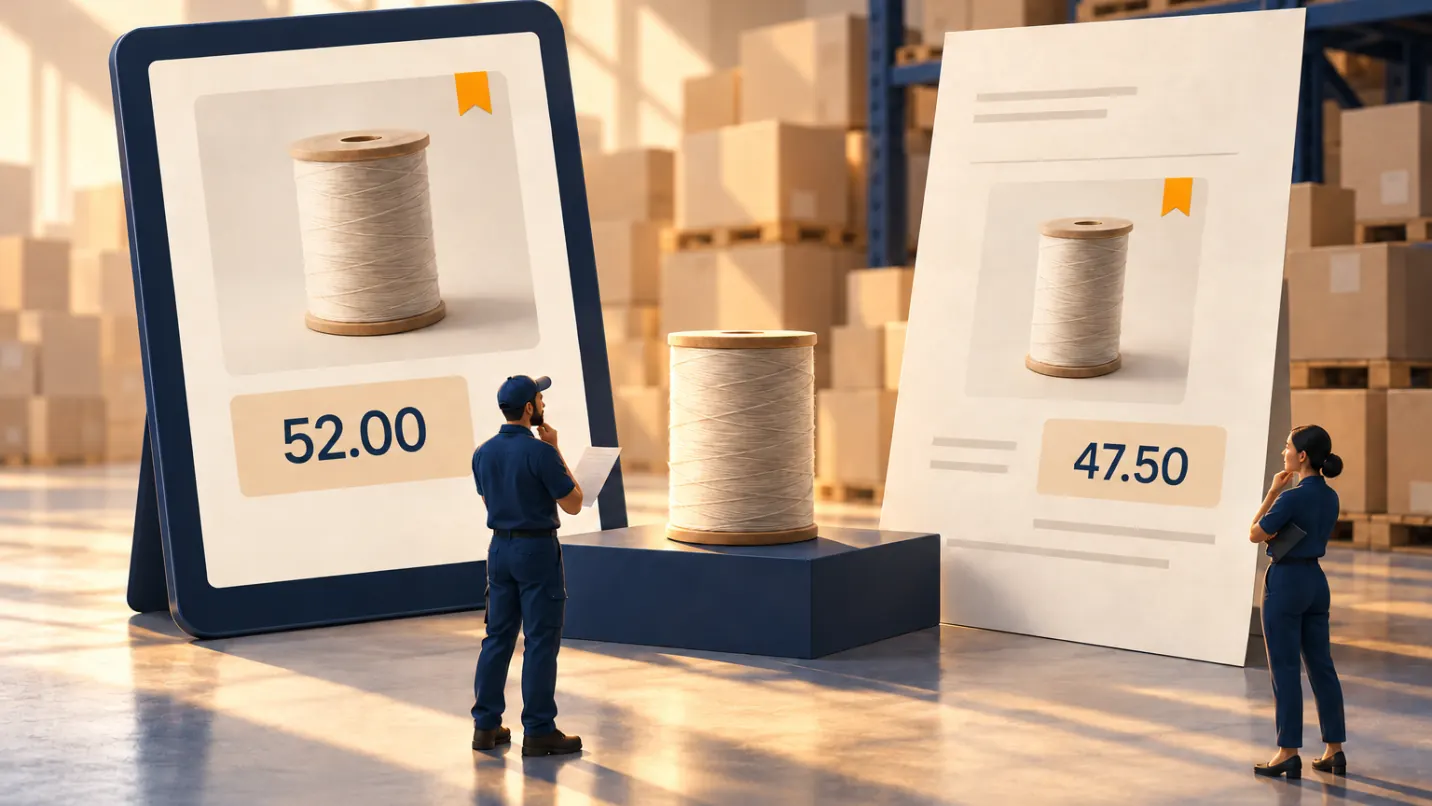 The same reel of twine priced twice: 52.00 on a tablet screen and 47.50 on a printed sheet, with the product itself on a plinth between them and a worker at each price, neither able to say which is right.