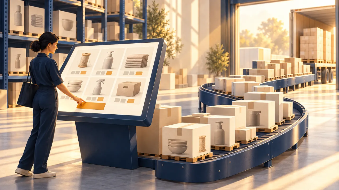 A buyer places an order at a self-service screen while finished orders move away on a conveyor toward a waiting lorry. Nobody is on the phone.