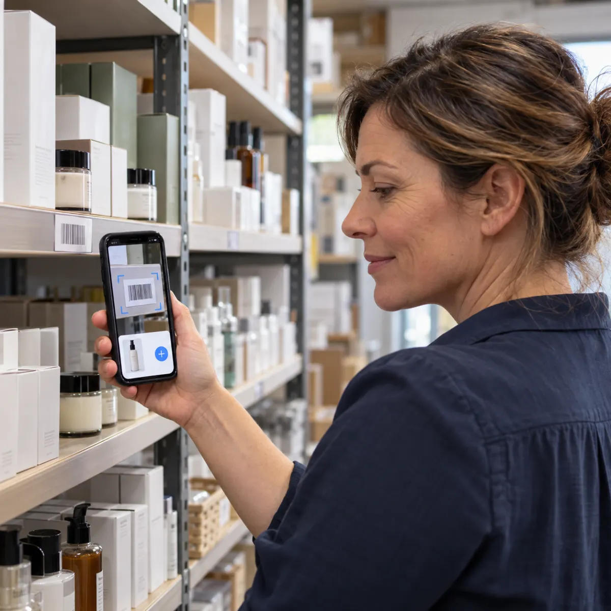A buyer scanning a shelf barcode with her phone, the scanned product ready to add to the order