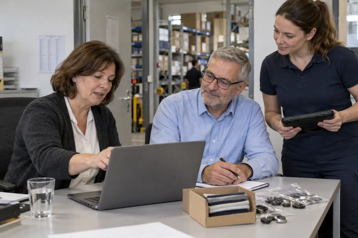 Three colleagues around a laptop and a tablet in the office beside the warehouse
