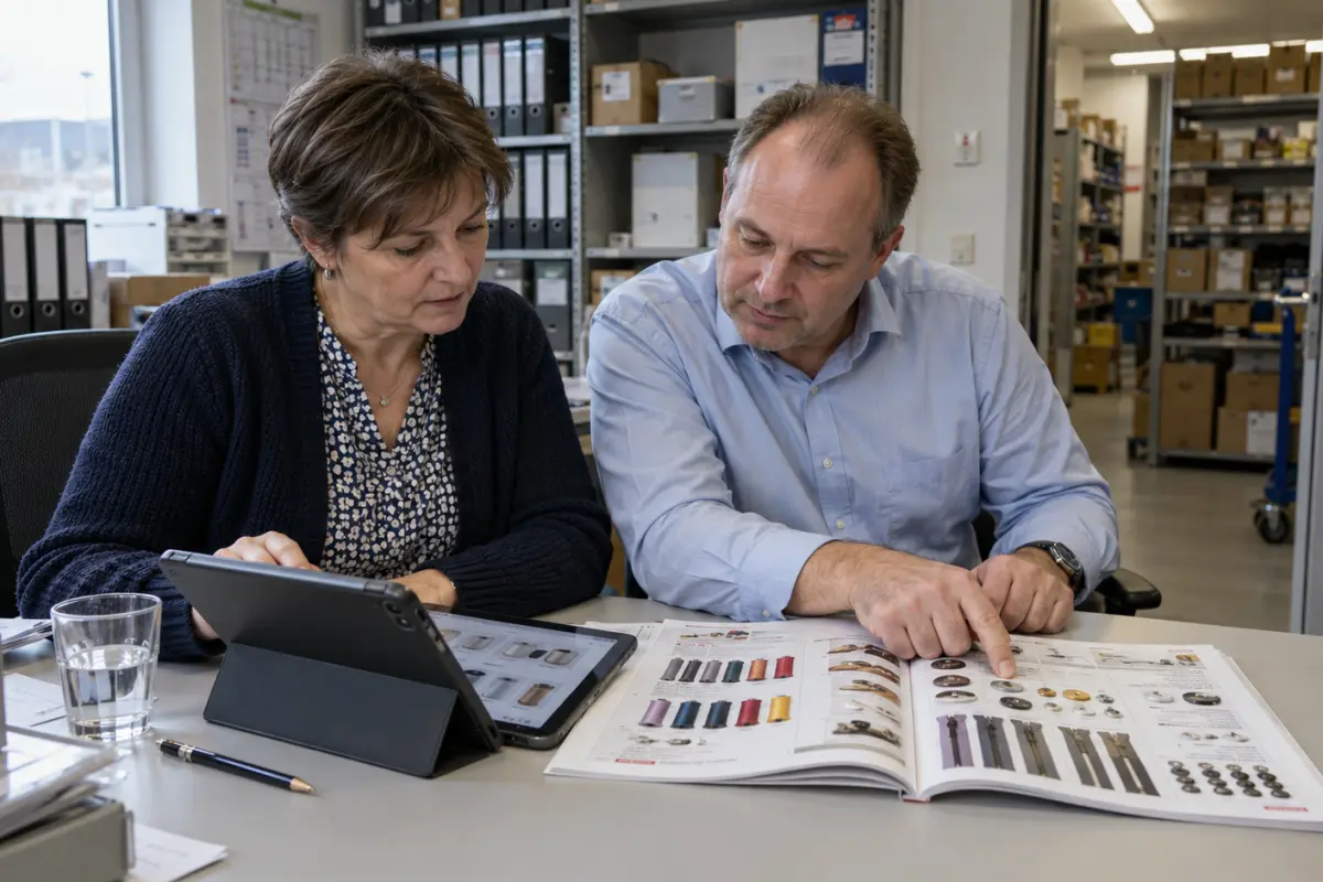 A printed product catalogue open on a desk next to the same pages on a tablet